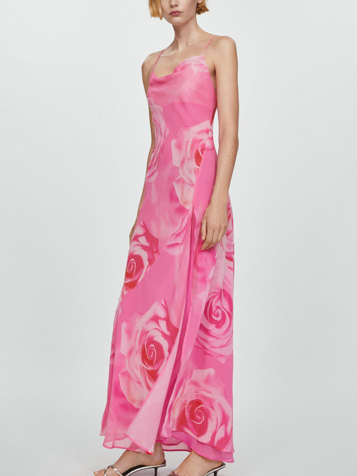 Delicate Rose Floral Print Slit Maxi Dress