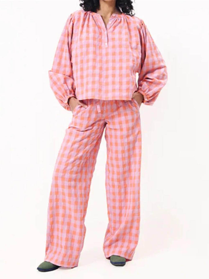 Casual rödrutig topp med tryck Byxor med elastisk midja Pyjamas Set