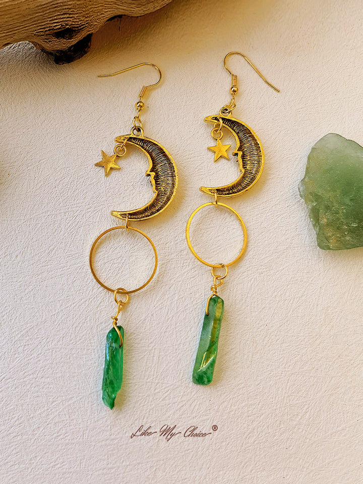 Pendientes boho media luna de cristal verde