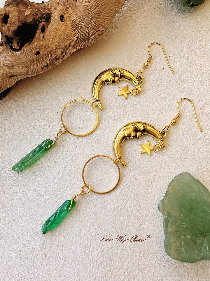 Pendientes boho media luna de cristal verde