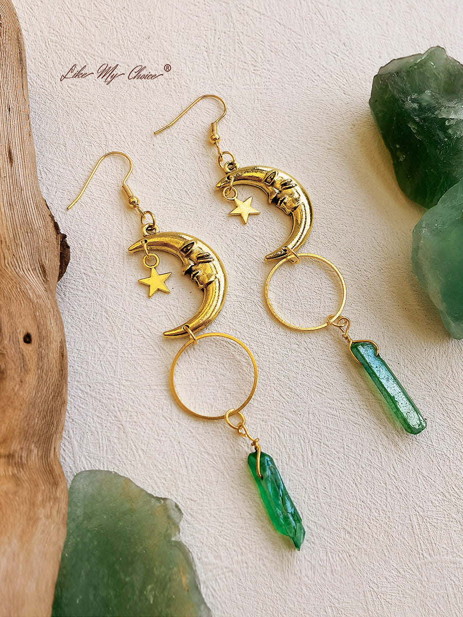 Pendientes boho media luna de cristal verde