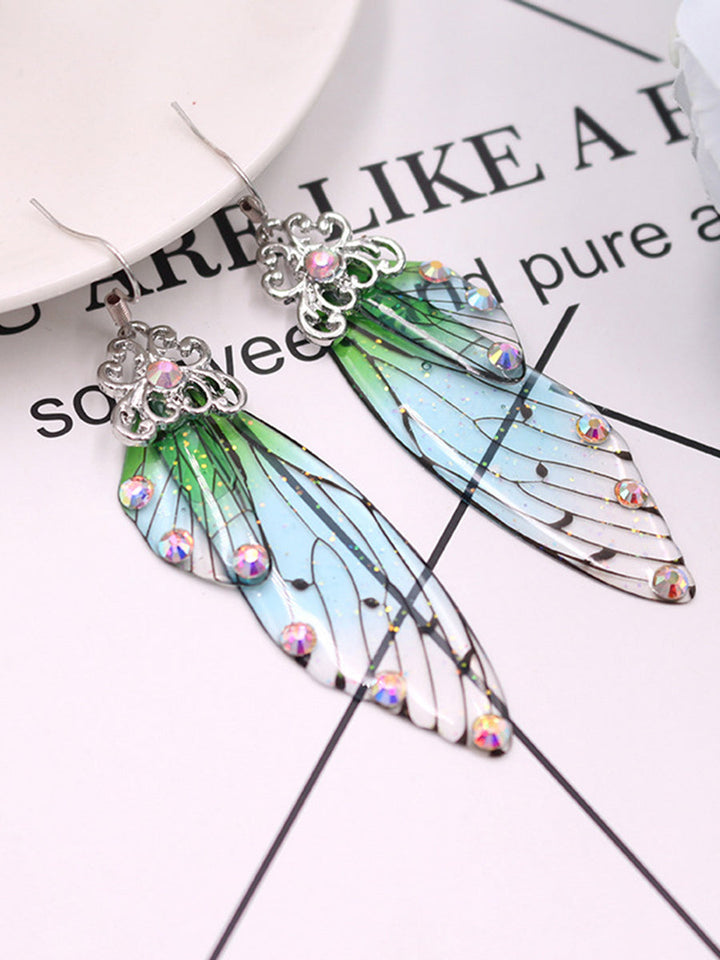 Boucles d'oreilles en cristal de strass vert aile de papillon aile de cigale