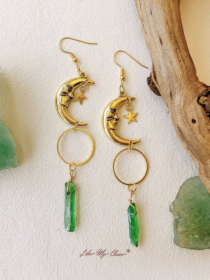 Pendientes boho media luna de cristal verde