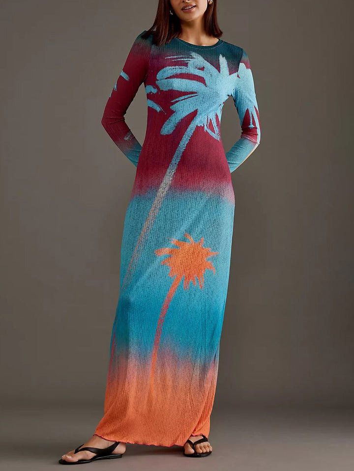 Unique Lining Painted Coconut Tree Print Maxi Dress