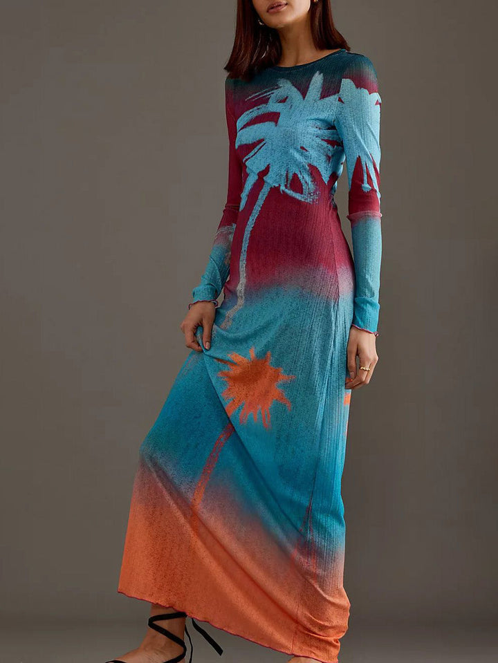 Unique Lining Painted Coconut Tree Print Maxi Dress