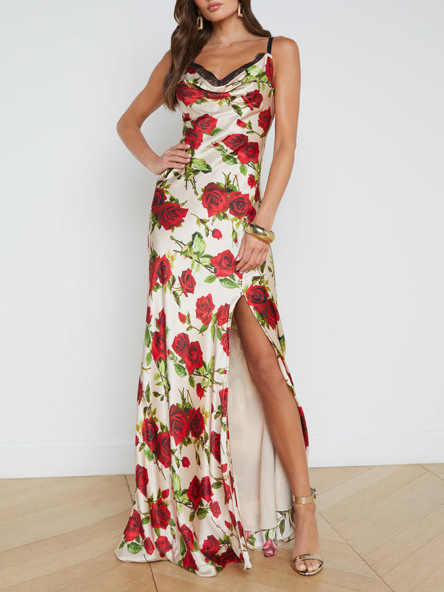 Vestido Maxi Vintage Satin Rose Print Sexy com decote em V e fenda