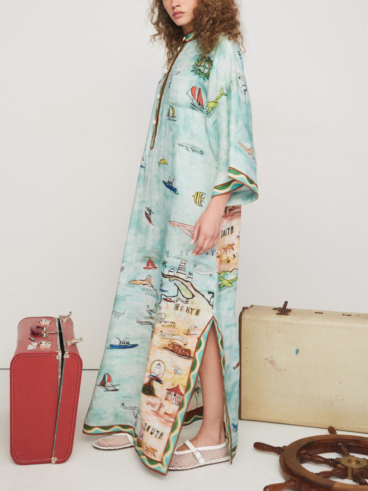 Modern Satijn Kunst Eiland Print Gespleten Maxi Dress