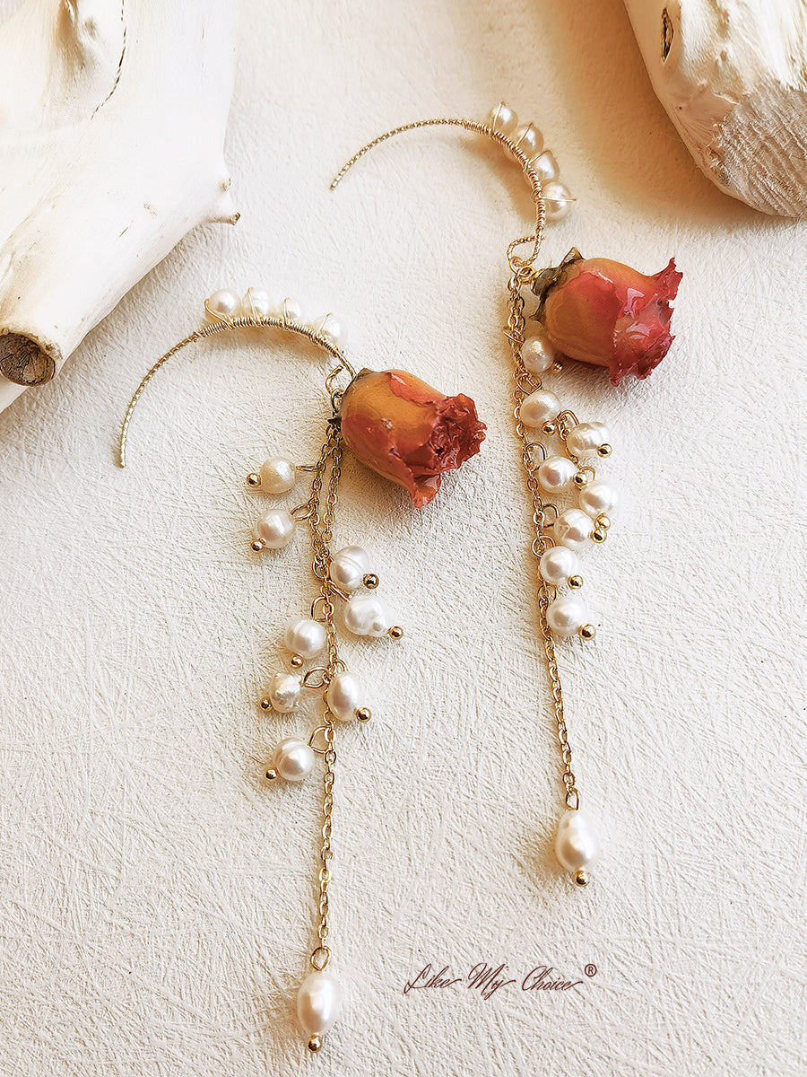 Pressed Flower Earrings - Pearl Dried Rose Flower