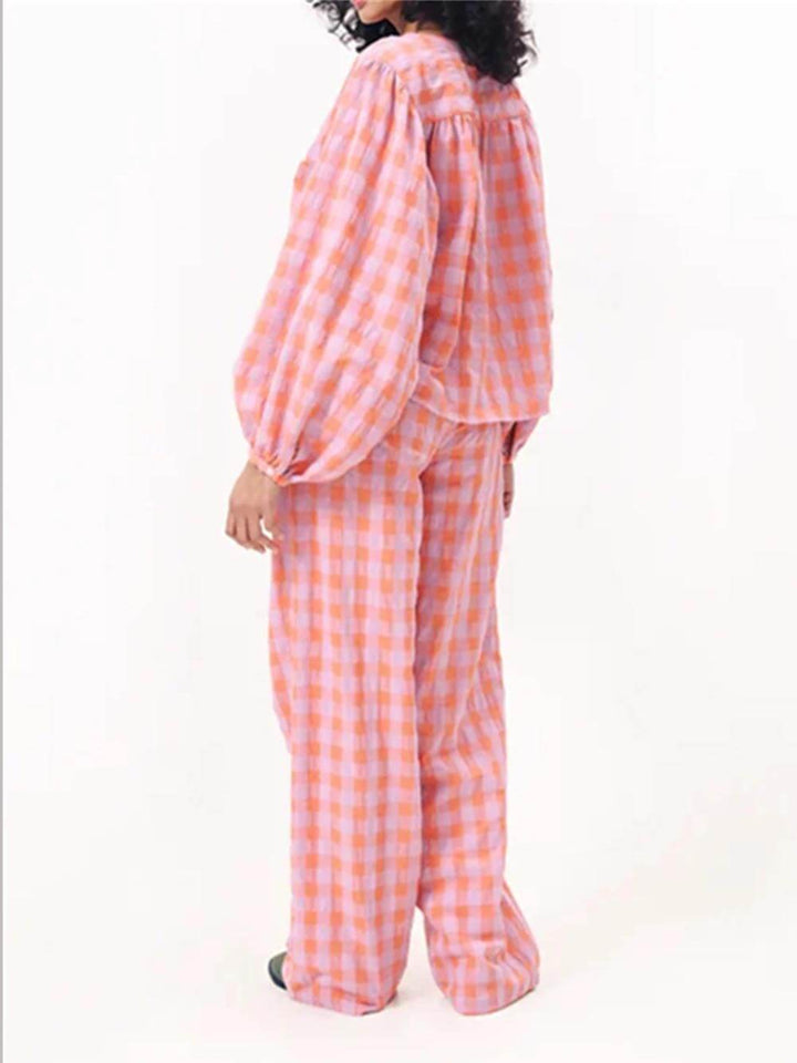 Casual Red Plaid Print Top Elastic Waist Pants Pajama Set