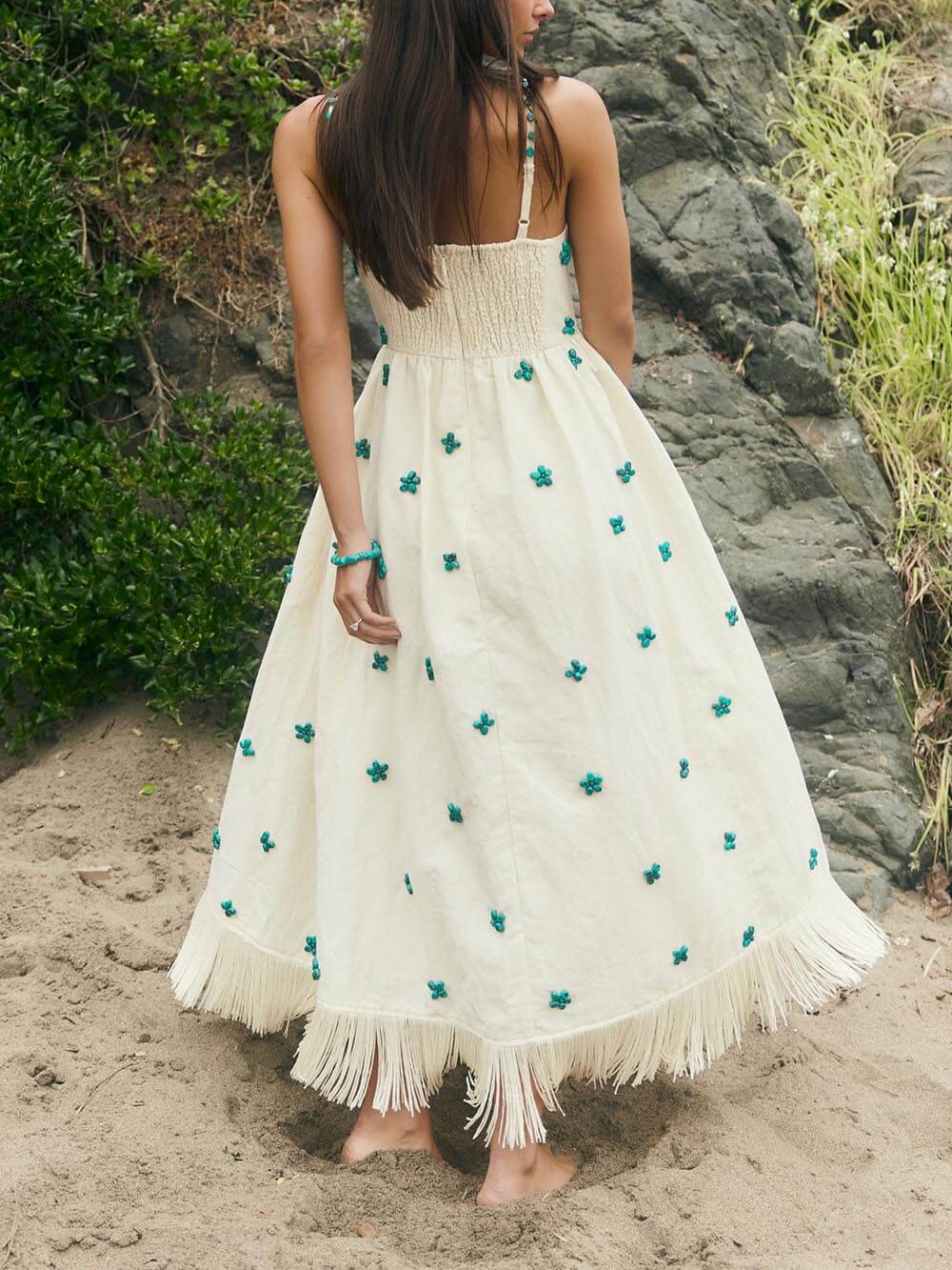 Unieke en moderne Franje Stiksels Bloemen Maxi Dress