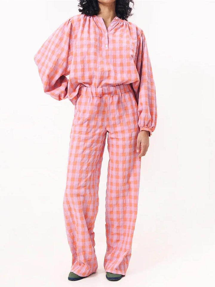 Casual Red Plaid Print Top Elastic Waist Pants Pajama Set