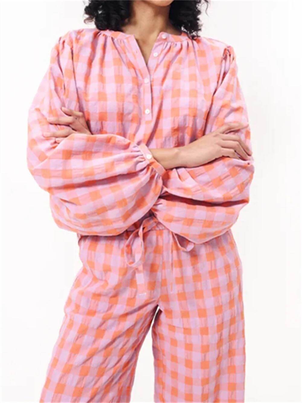 Casual rödrutig topp med tryck Byxor med elastisk midja Pyjamas Set