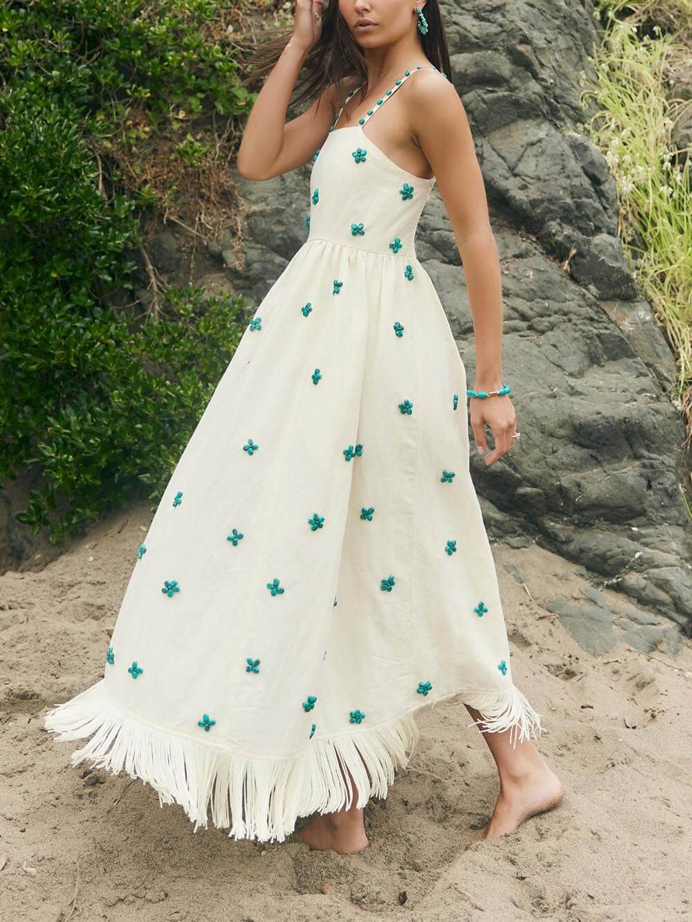 Unieke en moderne Franje Stiksels Bloemen Maxi Dress