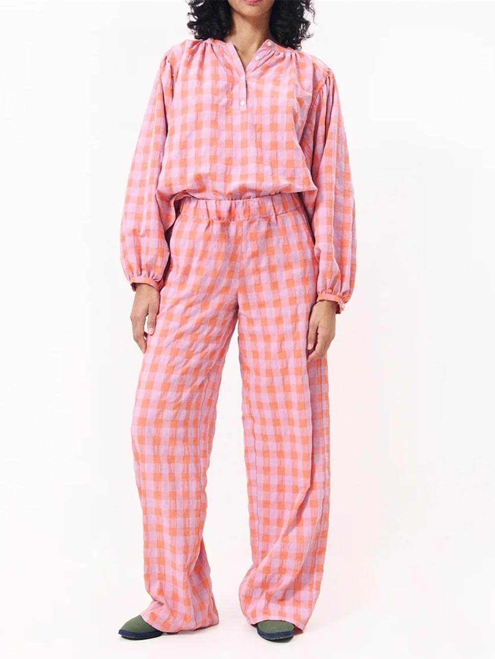 Casual Red Plaid Print Top Elastic Waist Pants Pajama Set