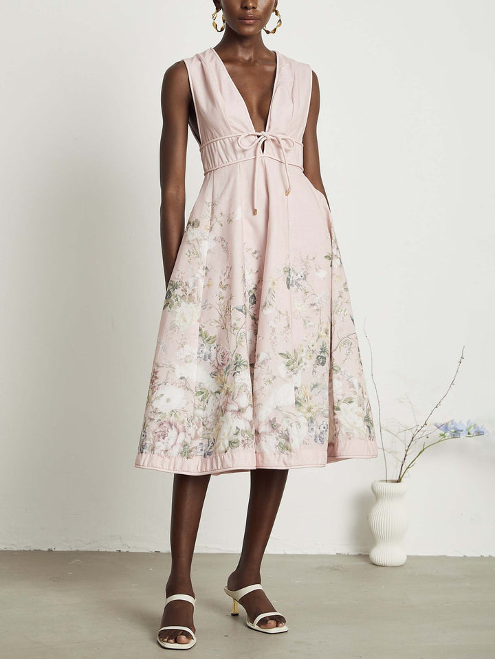 Robe midi élégante à imprimé floral et col en V profond