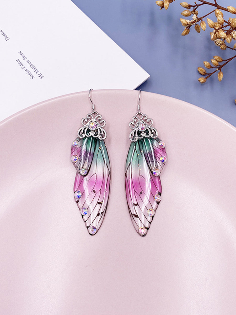 Pendientes de cristal con forma de alas de mariposa iridiscente Rhinestone Cicada Wing