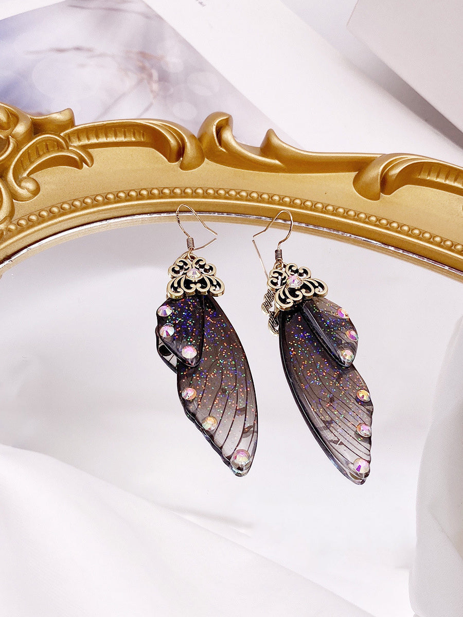 Fluture aripă negru Rhinestone Cicada aripă de cristal cercei