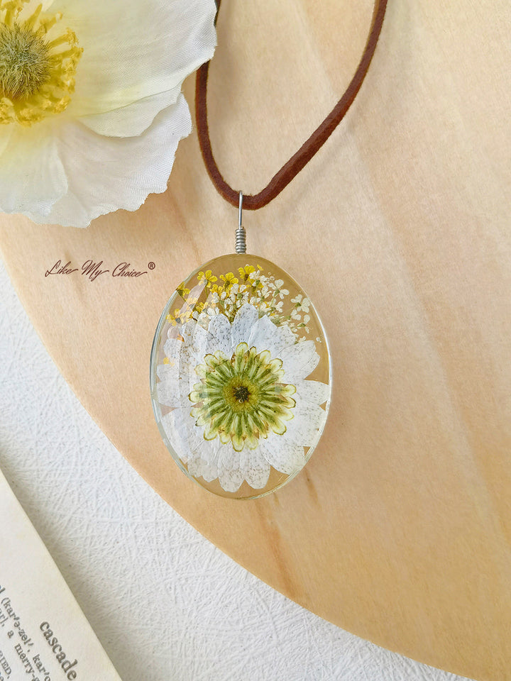 Collier de fleurs séchées Pendentif marguerite fleur conservée double face