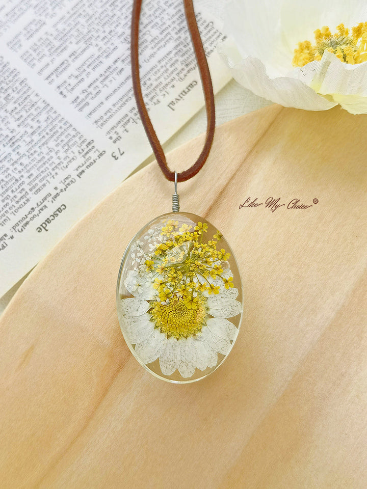 Collana di fiori secchi Ciondolo a margherita con fiore conservato su due lati