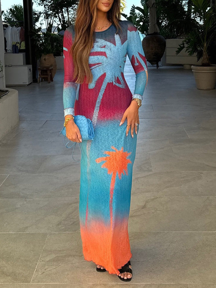 Unique Lining Painted Coconut Tree Print Maxi Dress