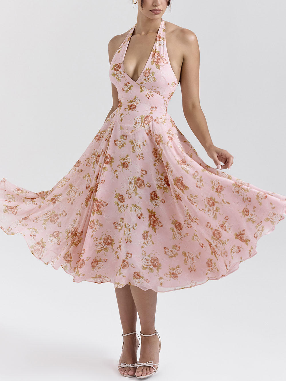 Vestido midi requintado com decote em V retro e estampado com rosas