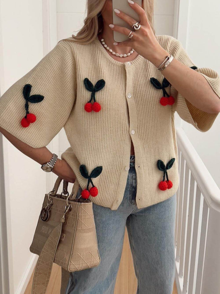 Cute V-Neck Cherry Decoration Sweater Cardigan