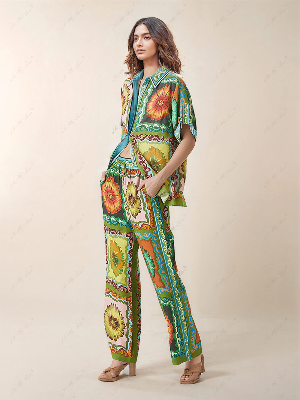 Einzigartige Sunflower Print Hose mit weitem Bein