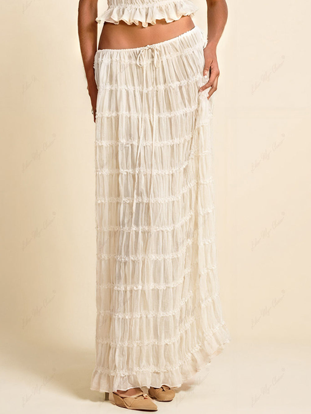 Charmed Pleated Drawstring Waist Tiered Maxi Skirt (jupe longue plissée à taille nouée)