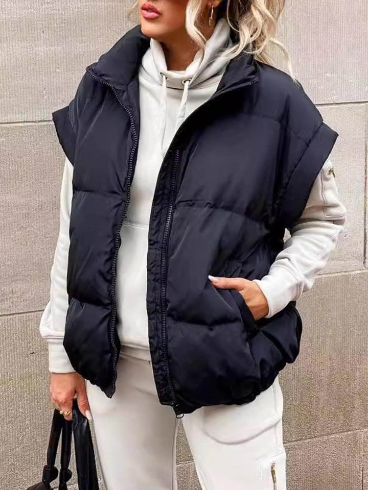 Giacca gilet in cotone con tasca a zip per pendolari, con colletto in piedi alla moda