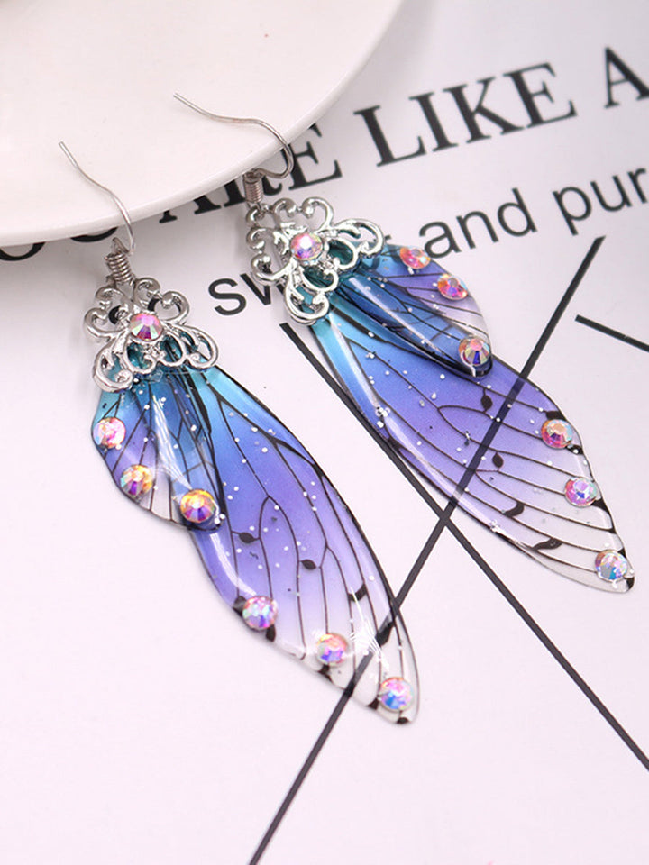 Fluture aripă albastru Rhinestone Cicada aripă de cristal cercei