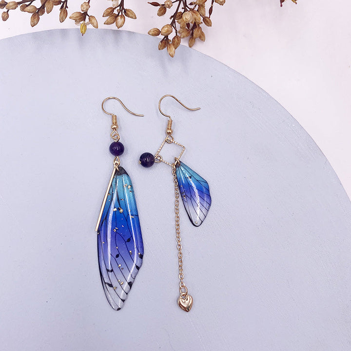 Butterfly Wing Blue Gold Foil Cicada Wing Tassel Eareringe