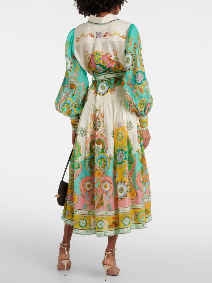 Unique Exquisite Fashion Print Puff Sleeve Tie Midi Dress