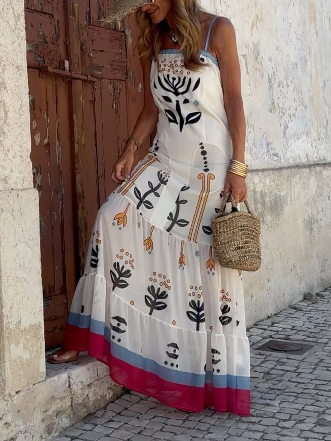 Fashion Personality Abstract Plant Print A-Line Maxi Dress