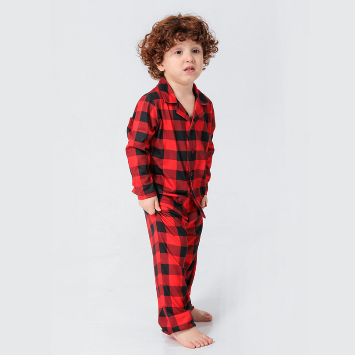 Conjunto de pijama familiar de cuello alto a cuadros navideños