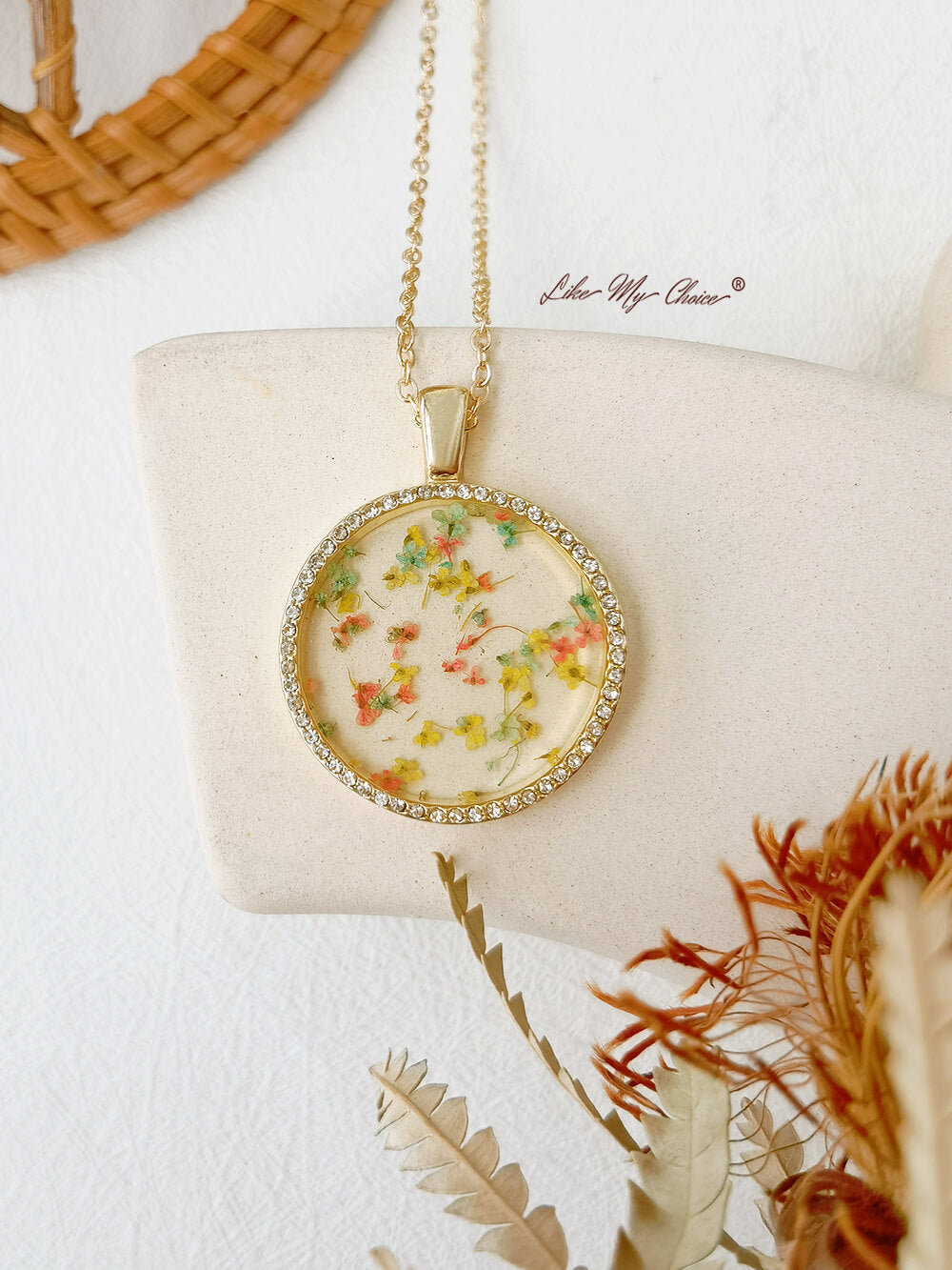 Birth Month Flower Resin Round Crystal Pendant Necklace