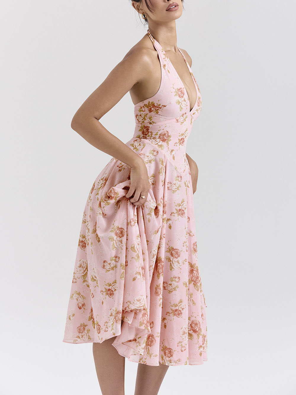 Exquisite Retro V-Neck Rose Print Midi Dress