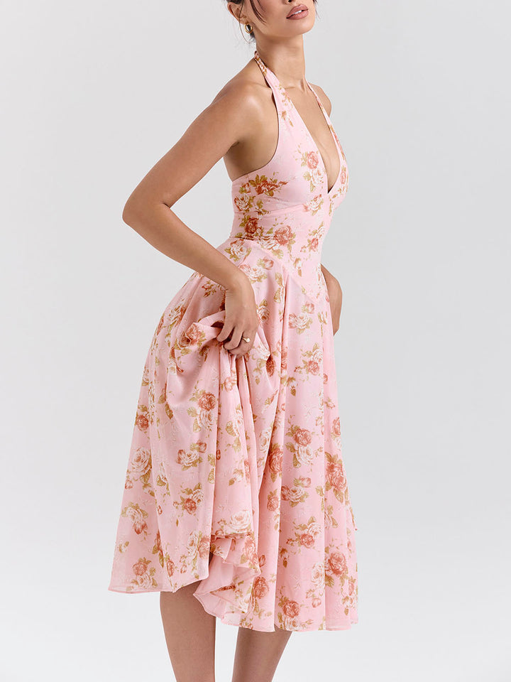 Εξαίσιο ρετρό V-λαιμός Rose Print Midi φόρεμα