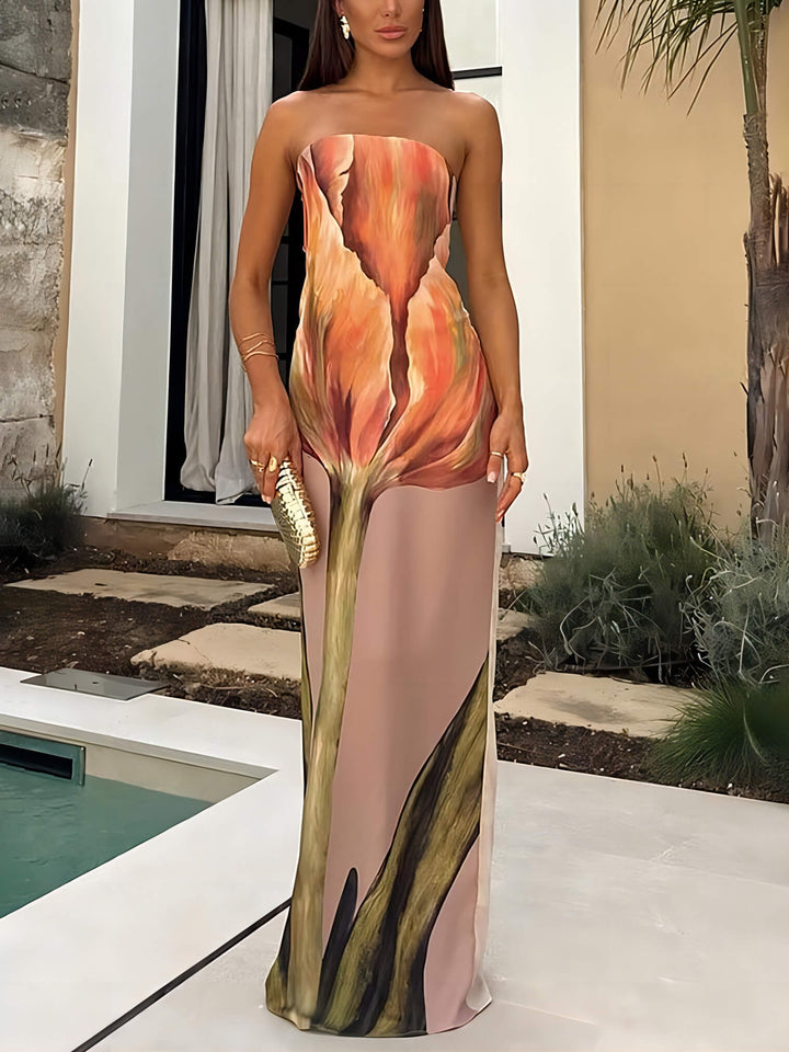 Maxi abito senza maniche off-shoulder con stampa graffiti alla moda