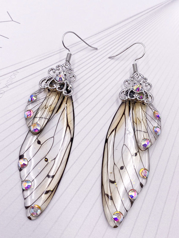 Pendientes de cristal con forma de ala de mariposa gris Rhinestone Cicada Wing