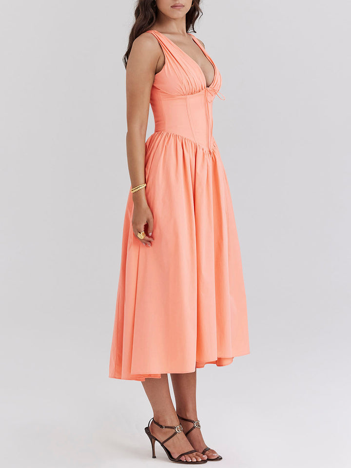 Retro Palace Style Deep V-Neck Midi Dress