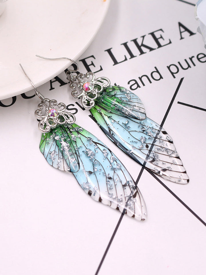 Butterfly Wing Green Rhinestone Cicada Wing Crystal Earrings