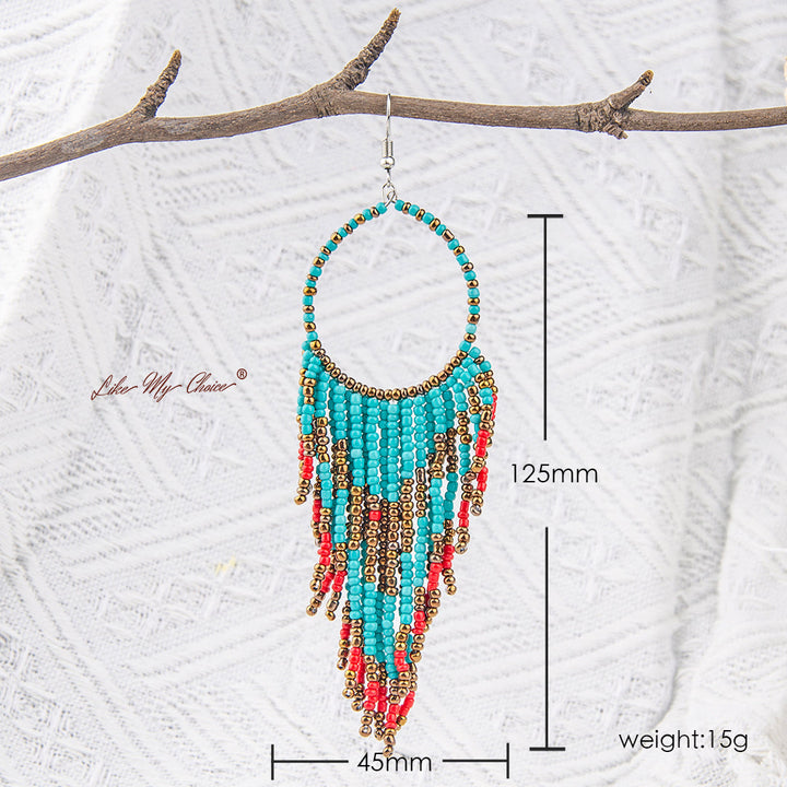 Boho Etnisk Lång Tassel Beaded Örhängen