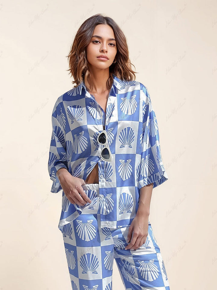 Speciaal Satijnen Shell Print Button-Down Overhemd