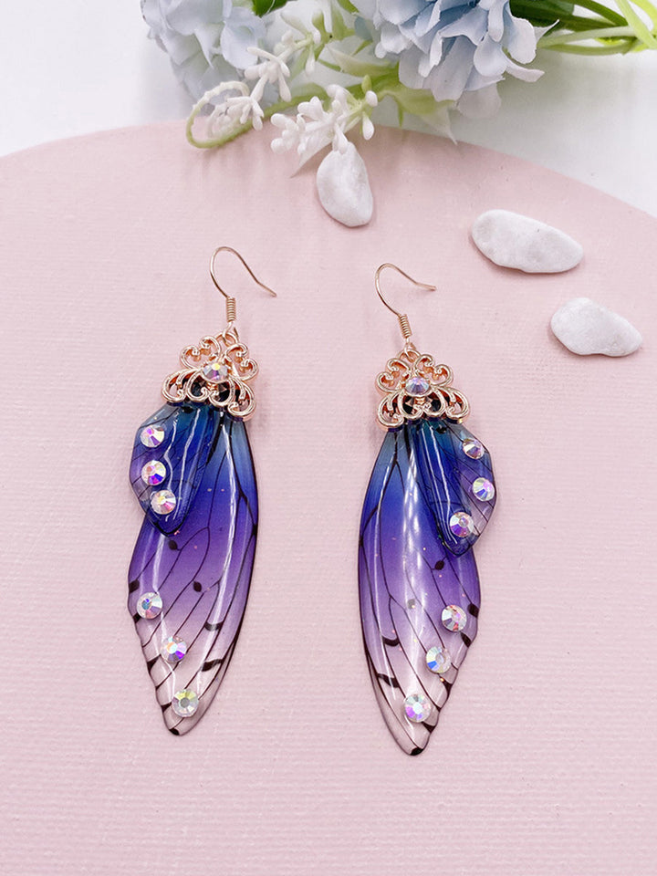 Boucles d'oreilles Aile de papillon en strass bleu Aile de cigale en cristal