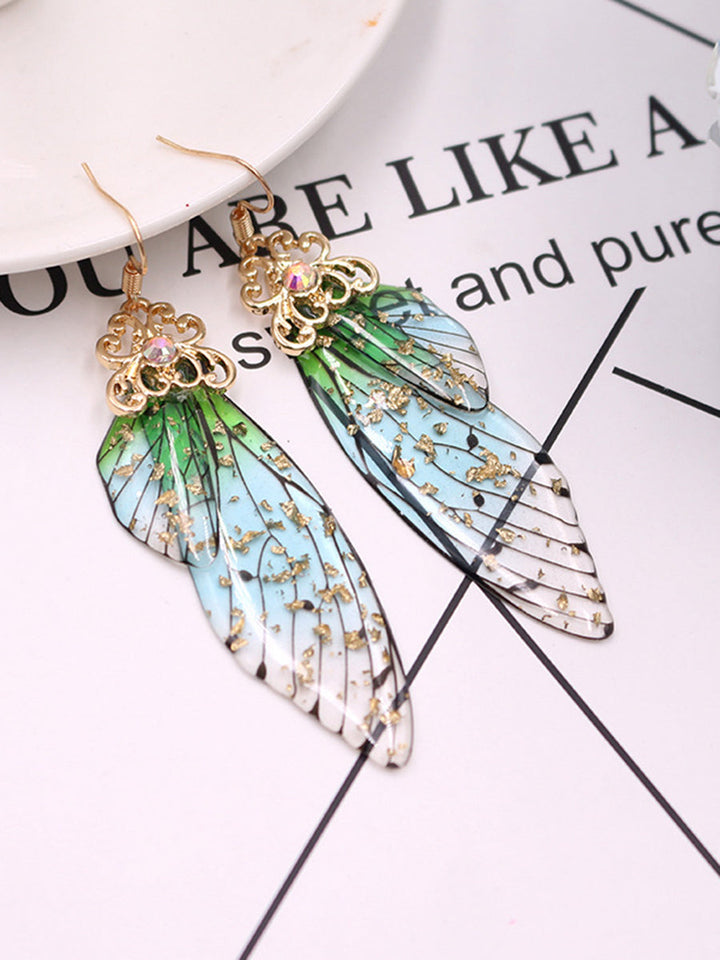 Boucles d'oreilles en cristal de strass vert aile de papillon aile de cigale