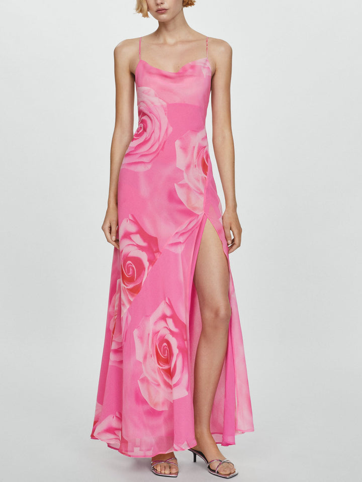 Robe longue fendue à imprimé floral délicat rose