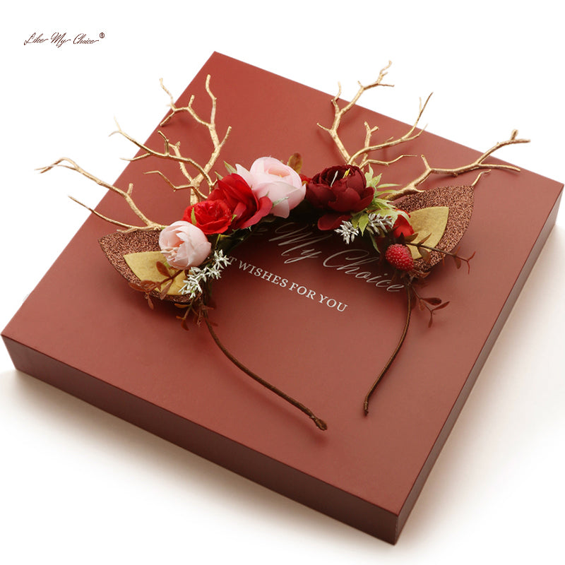 Burgunderrote Blume Weihnachten Rentier Stirnband | LikeMyChoice®