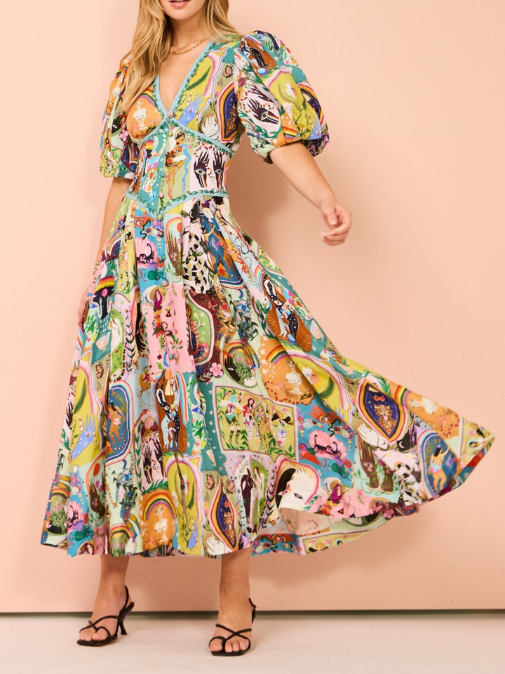 Casual Graffiti Evergreen Bedrukte Midi Dress