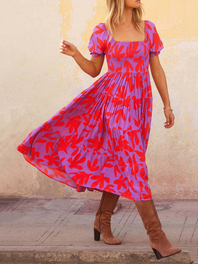 Puff Sleeve Square Neck Printed Midi Dress