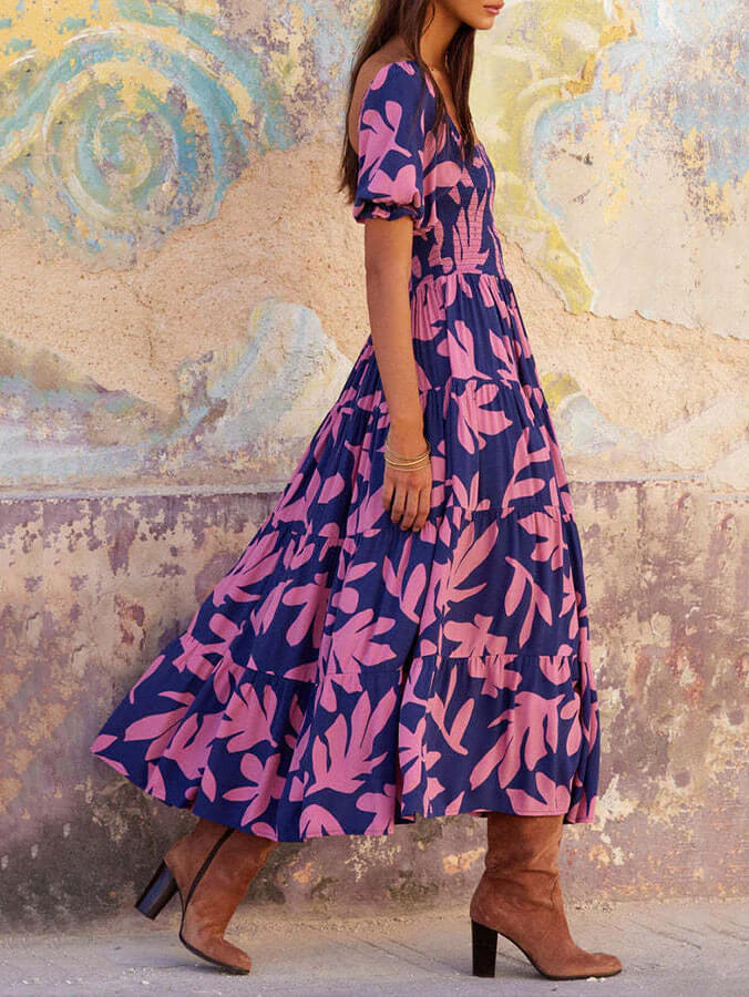 Robe midi imprimée à col carré et manches bouffantes